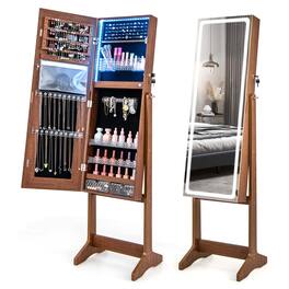 Costway - LED Mirror Jewelry Cabinet Organizer Armoire Standing with Built-in 3 Color Light - Walnut