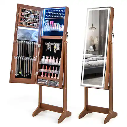 Front. Costway - Costway LED Mirror Jewelry Cabinet Organizer Armoire Standing with Built-in 3 Color Light - Walnut.