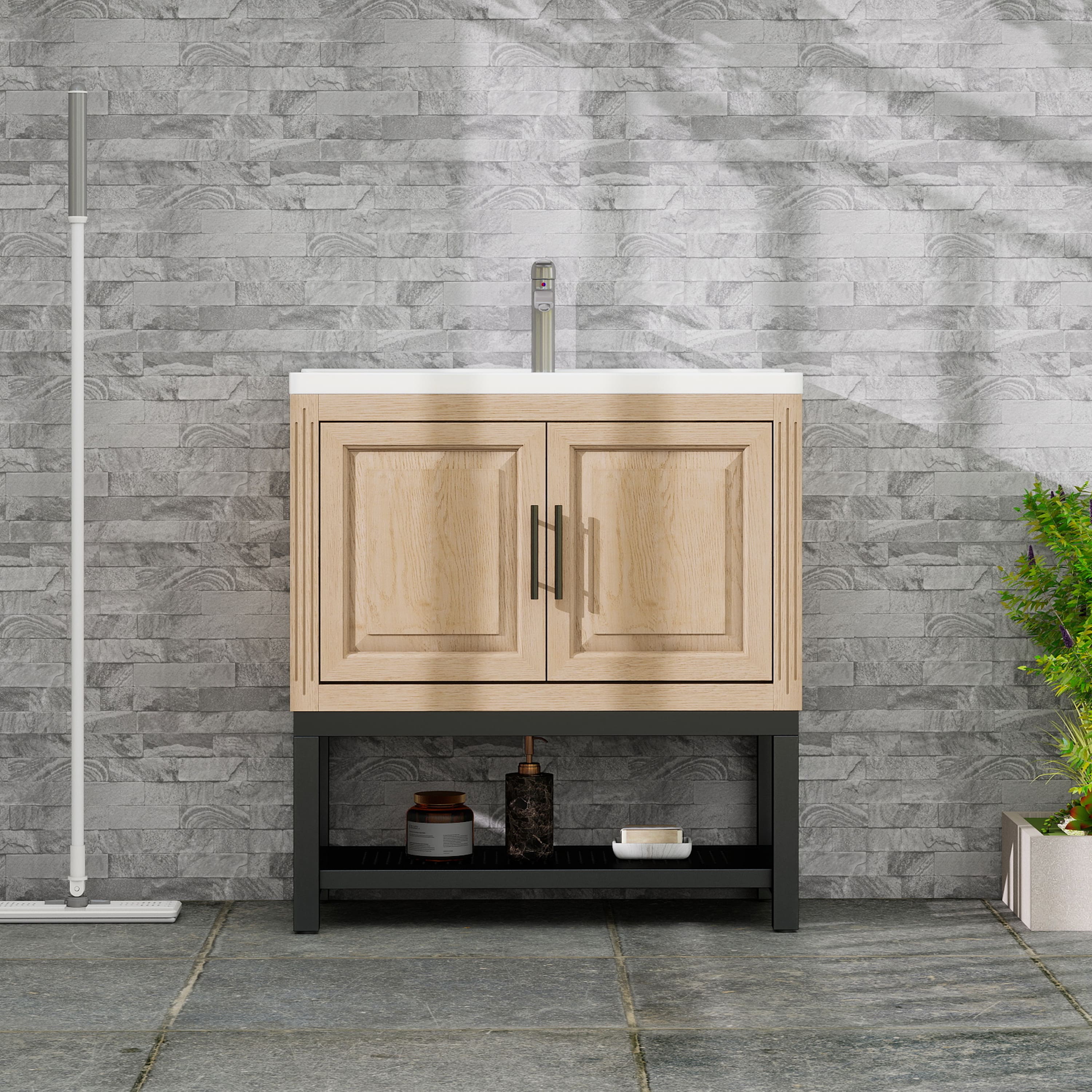 32in Bathroom Vanity with White Ceramic Sink and Hot and Cold Faucet Freestanding Bathroom Cabinet with 2 Storage Doors