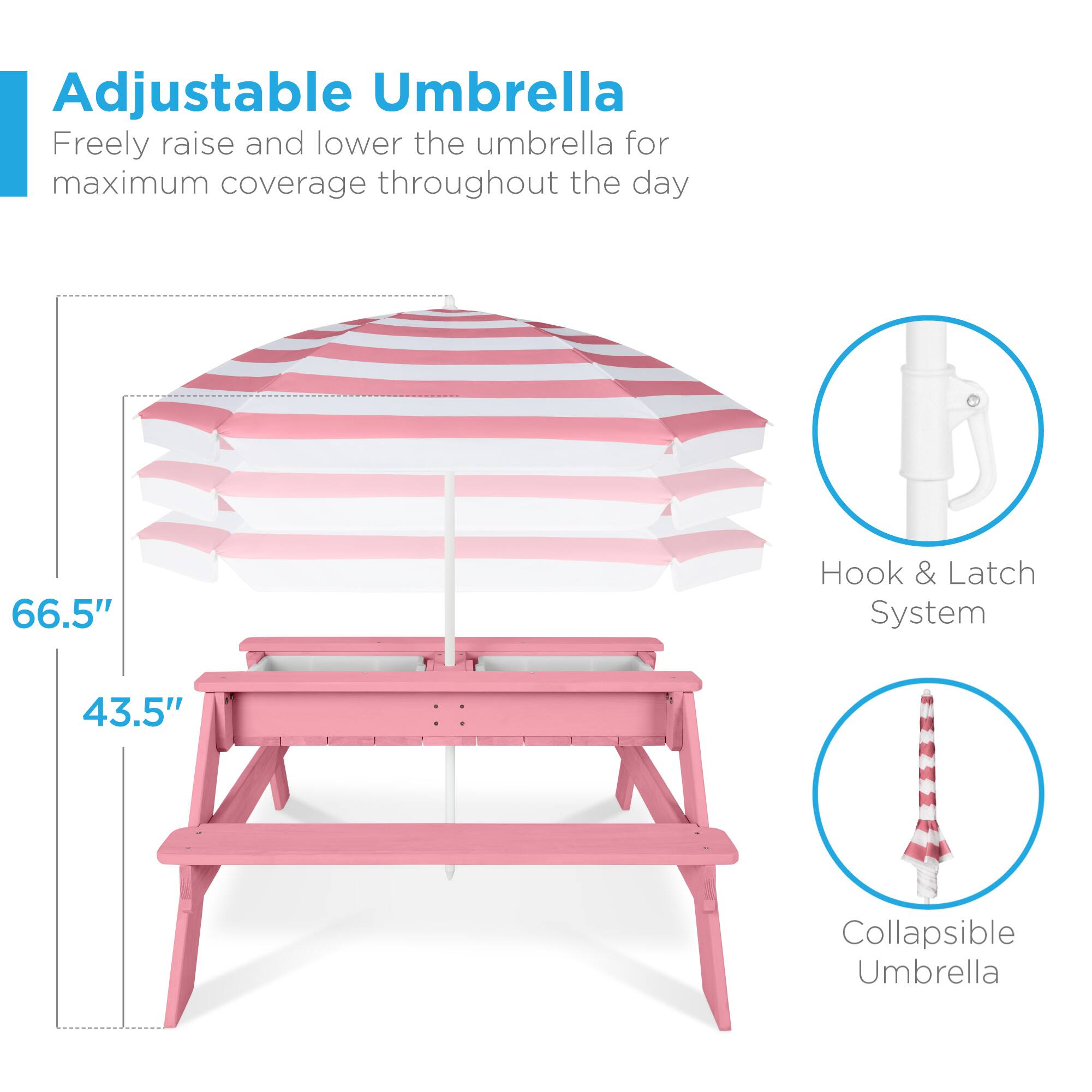 Adjustable Umbrella  
Freely raise and lower the umbrella for maximum coverage throughout the day  

66.5"  
43.5"  

Hook & Latch System  
Collapsible Umbrella