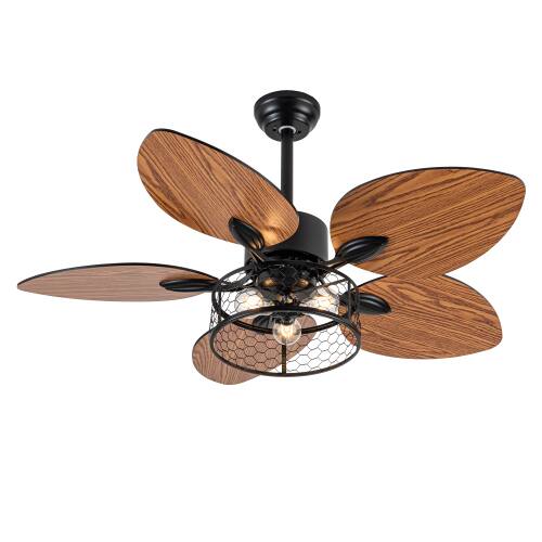 Alt View 5. LUCKY ONE - 42" Ceiling Fan with Light Remote 5 Blades 6-Speed DC Motor - Matt Black,Wood.