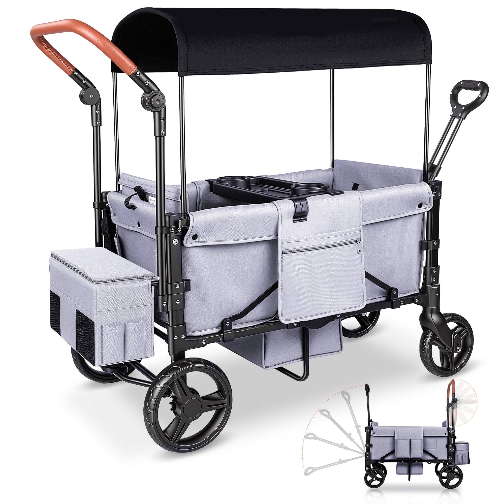 Alt View 7. Wisairt - 2-Seater Wagon Stroller for Kids, Foldable Stroller Wagon with Canopy, 5-Point Harness, Push & Pull Handle - Gray.