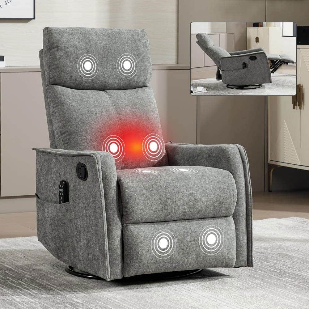 Kadyn - Fabric Heat Massage Recliner Chair, 8 Vibration Modes & Lumbar Heat, Rocker Swivel, Light Grey - Gray