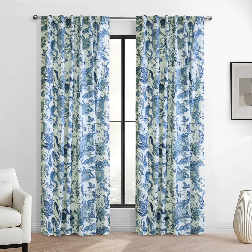 Angle. Commonwealth Home Fashions - Habitat Jacobean Garden Jacobean Print Design Light Filtering Dual Header Curtain Panel 52" x 95" Blue - Blue.