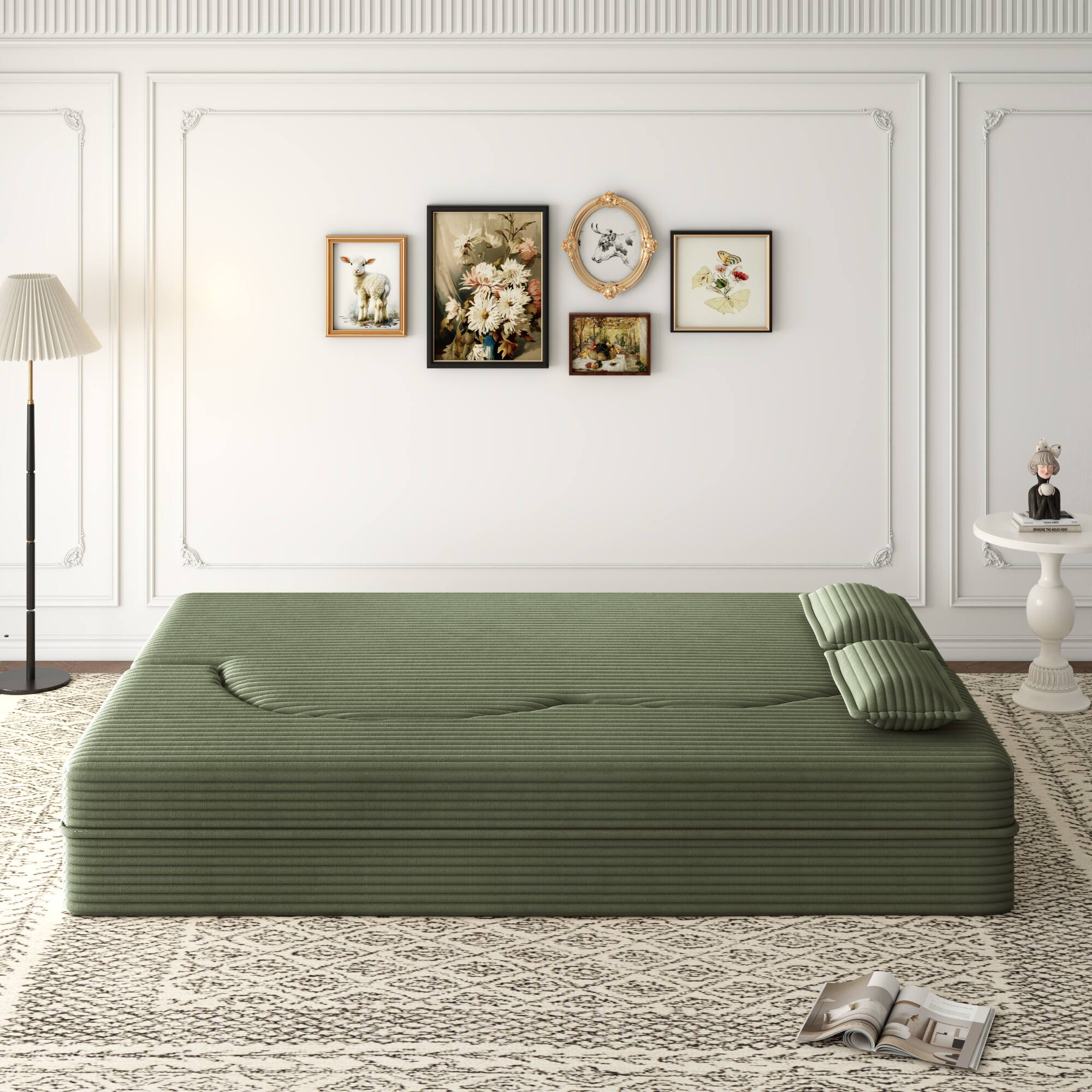 Alt View 1. GOODSILO - Convertible Plush Corduroy Floor Sleeper Sofa with Dual Pillows for Living Room and Guest Use - Green.