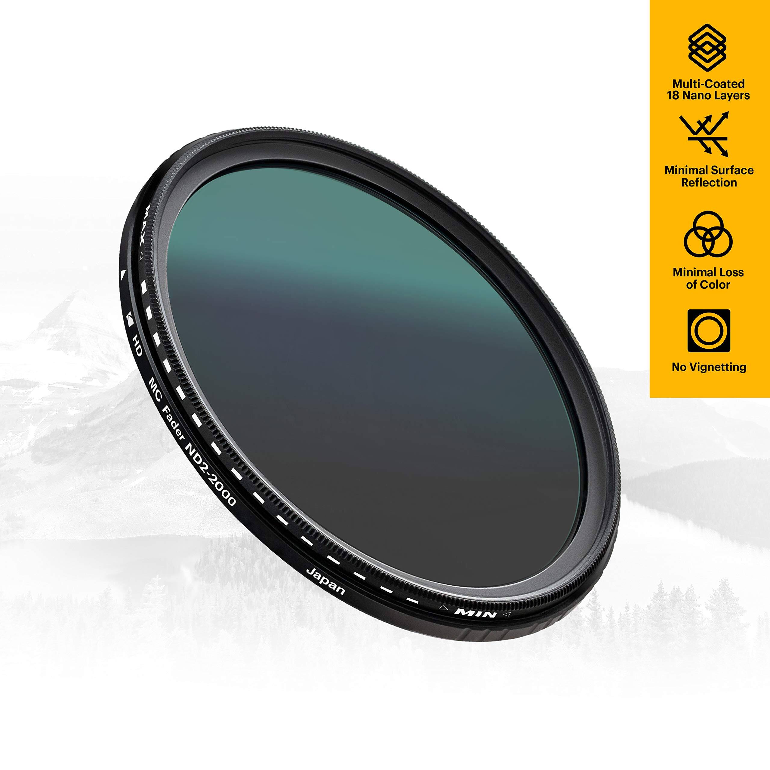 Multi-Coated 18 Nano Layers  
Minimal Surface Reflection  
Minimal Loss of Color  
HD MC Fader ND2-2000  
Japan  
No Vignetting