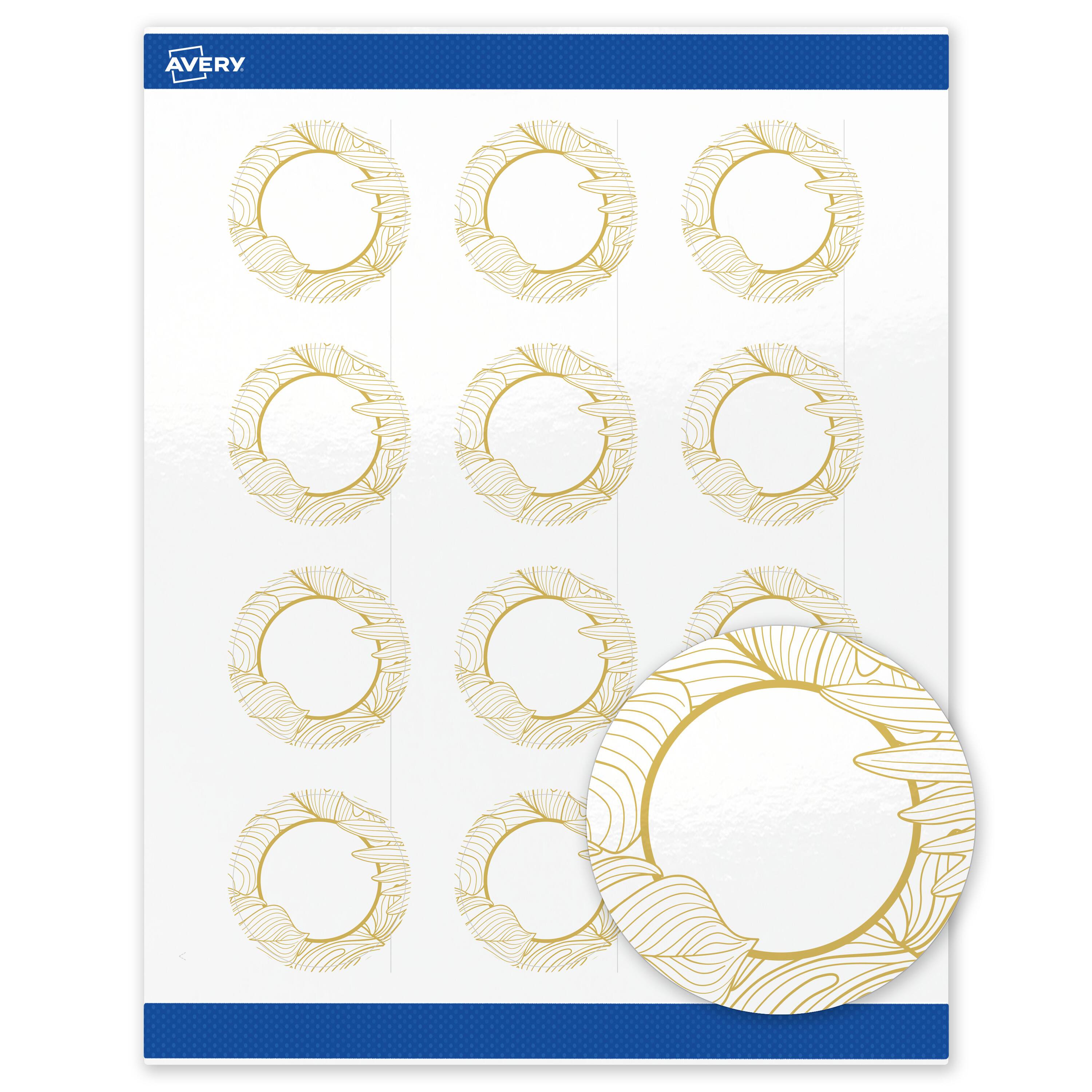 Front. Avery - Avery Round Labels, Gold Florals, 2" Diameter, 120 Total, Glossy, Gold Monstera Leaves - White.