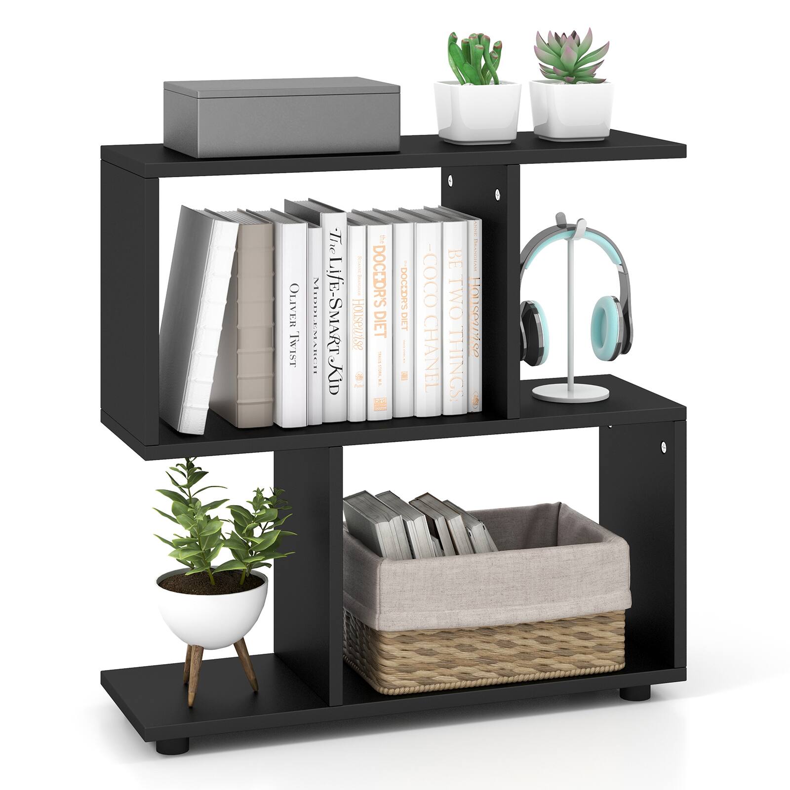 Ecooso - 24 Inch 3-Tier Geometric Bookshelf with Thick Foot Pads - Black