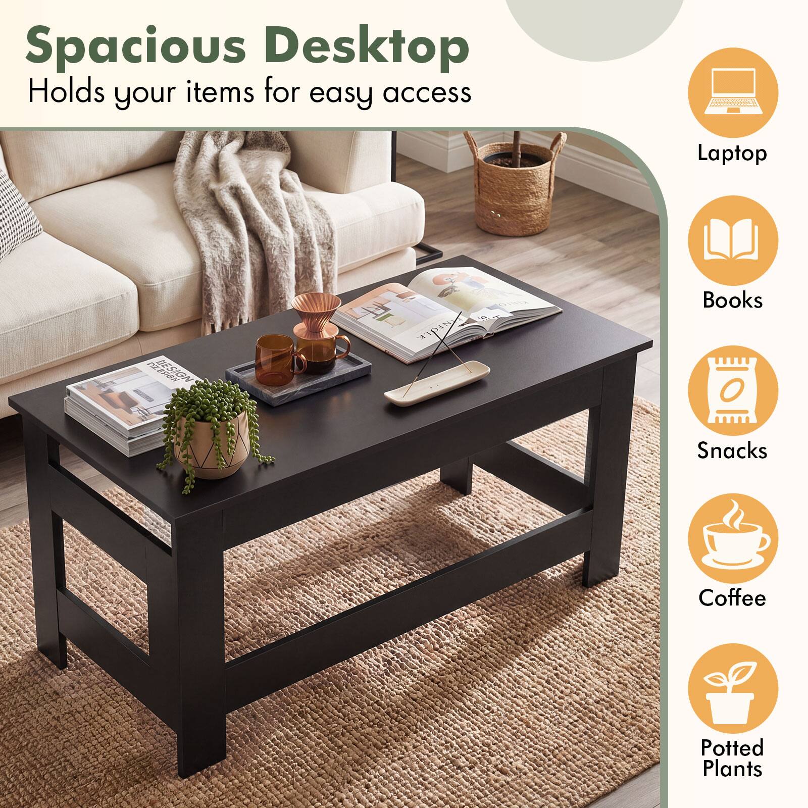 Spacious Desktop  
Holds your items for easy access  

Laptop  
Books  
Snacks  
Coffee  
Potted Plants