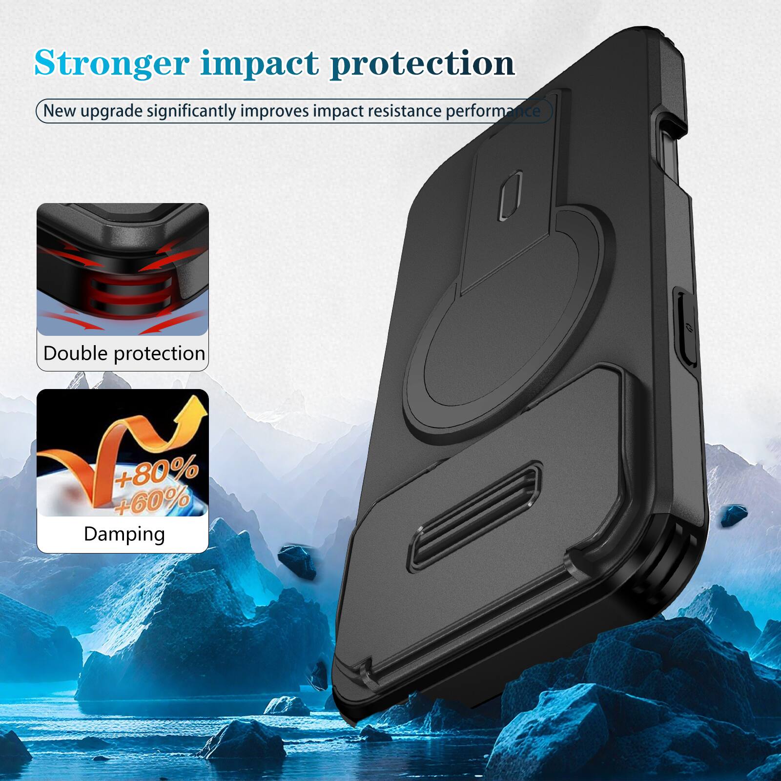 Stronger impact protection  
New upgrade significantly improves impact resistance performance  
Double protection  
+80% +60% Damping