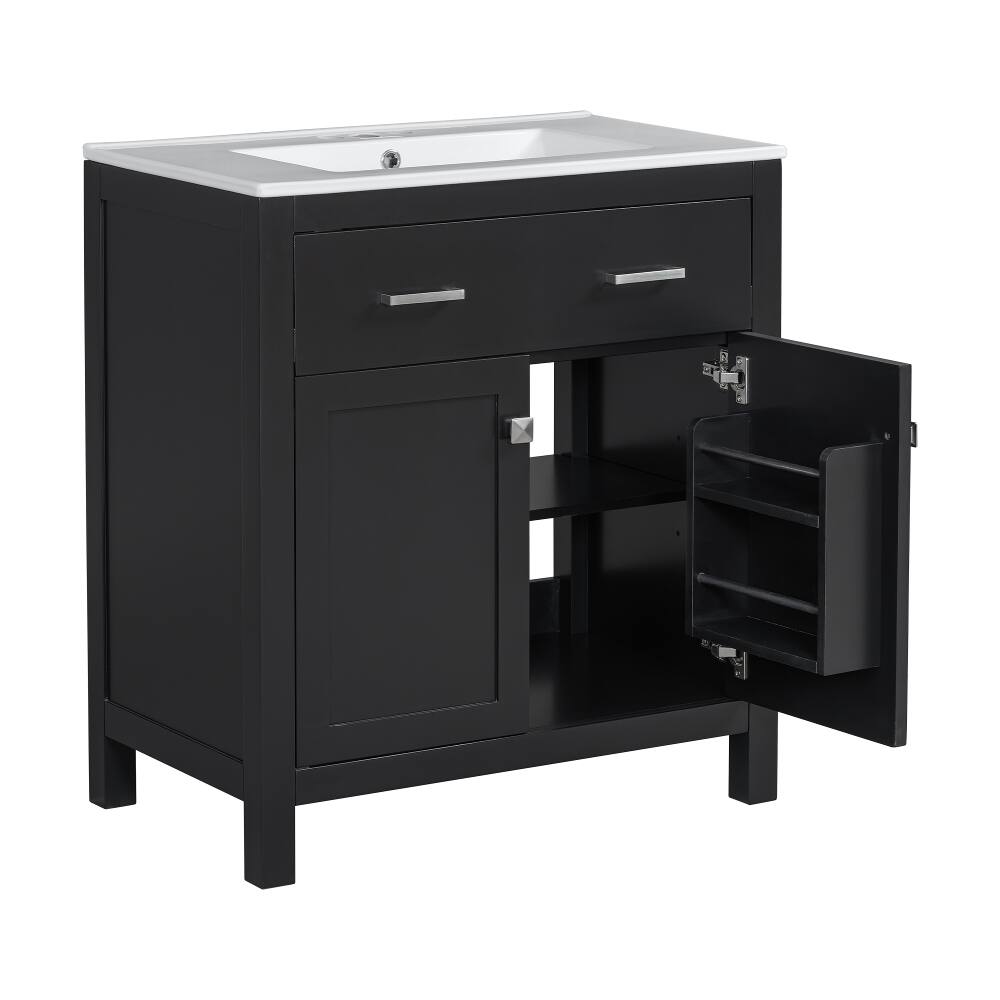 Alt View 10. Loheer - Loheer 30 Inch Black Bathroom Vanity with Ceramic Sink, Freestanding Single Sink Vanity with 2 Doors and Flip-Out Drawer - Black.