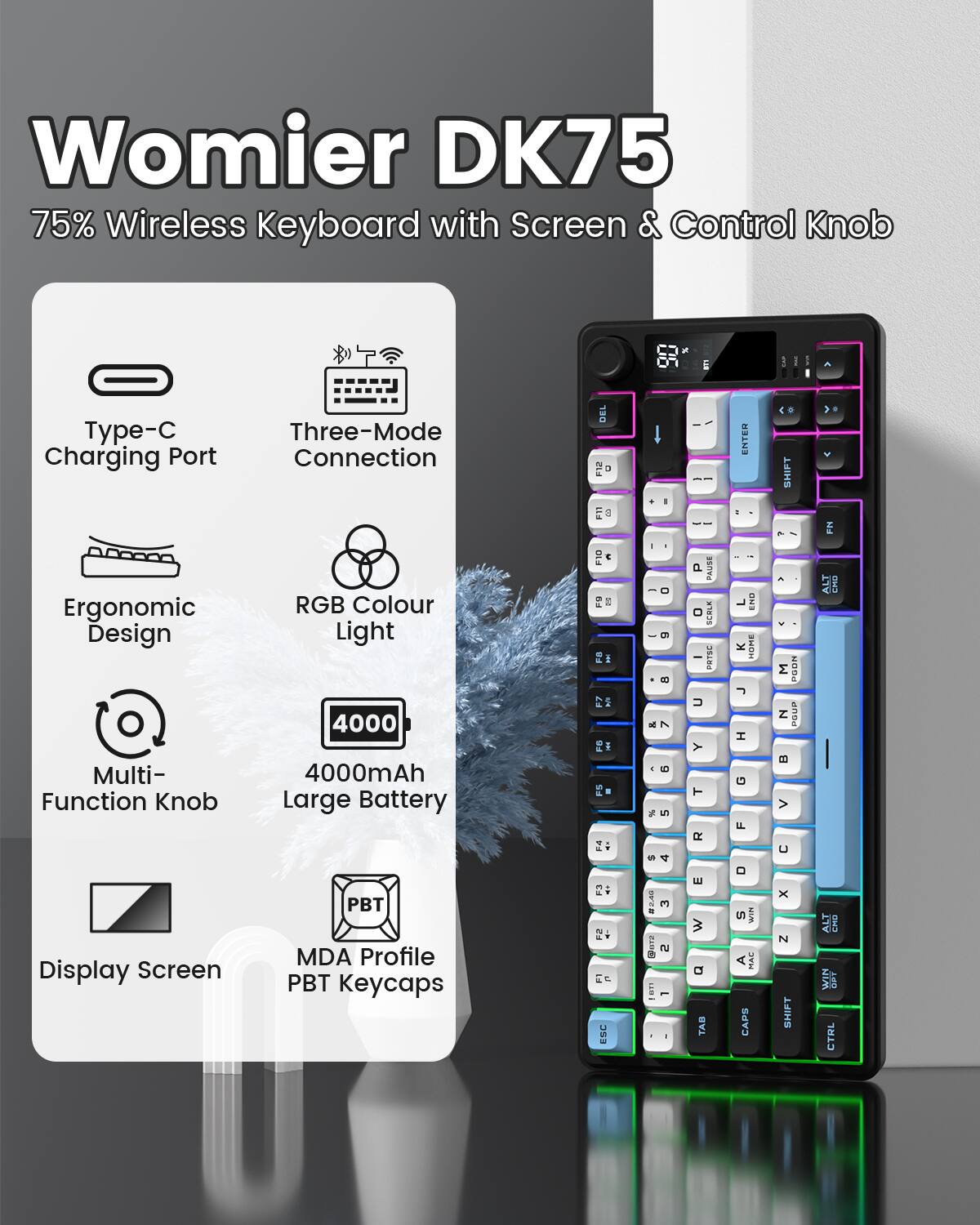 Womier DK75 75% Wireless Keyboard with Screen & Control Knob

- Type-C Charging Port
- Three-Mode Connection
- Ergonomic RGB Colour Light
- Multi-Function Knob
- 4000mAh Large Battery
- Display Screen
- MDA Profile PBT Keycaps

Key Layout:
- QWERTY
- Function Keys (F1-F12)
- Number Row (1-0)
- Modifier Keys (Shift, Ctrl, Alt, Win)
- Special Keys (Esc, Enter, Backspace, Delete, Home, End, Page Up, Page Down, Insert, Print Screen)
- Media Keys (Volume, Mute, Play/Pause)