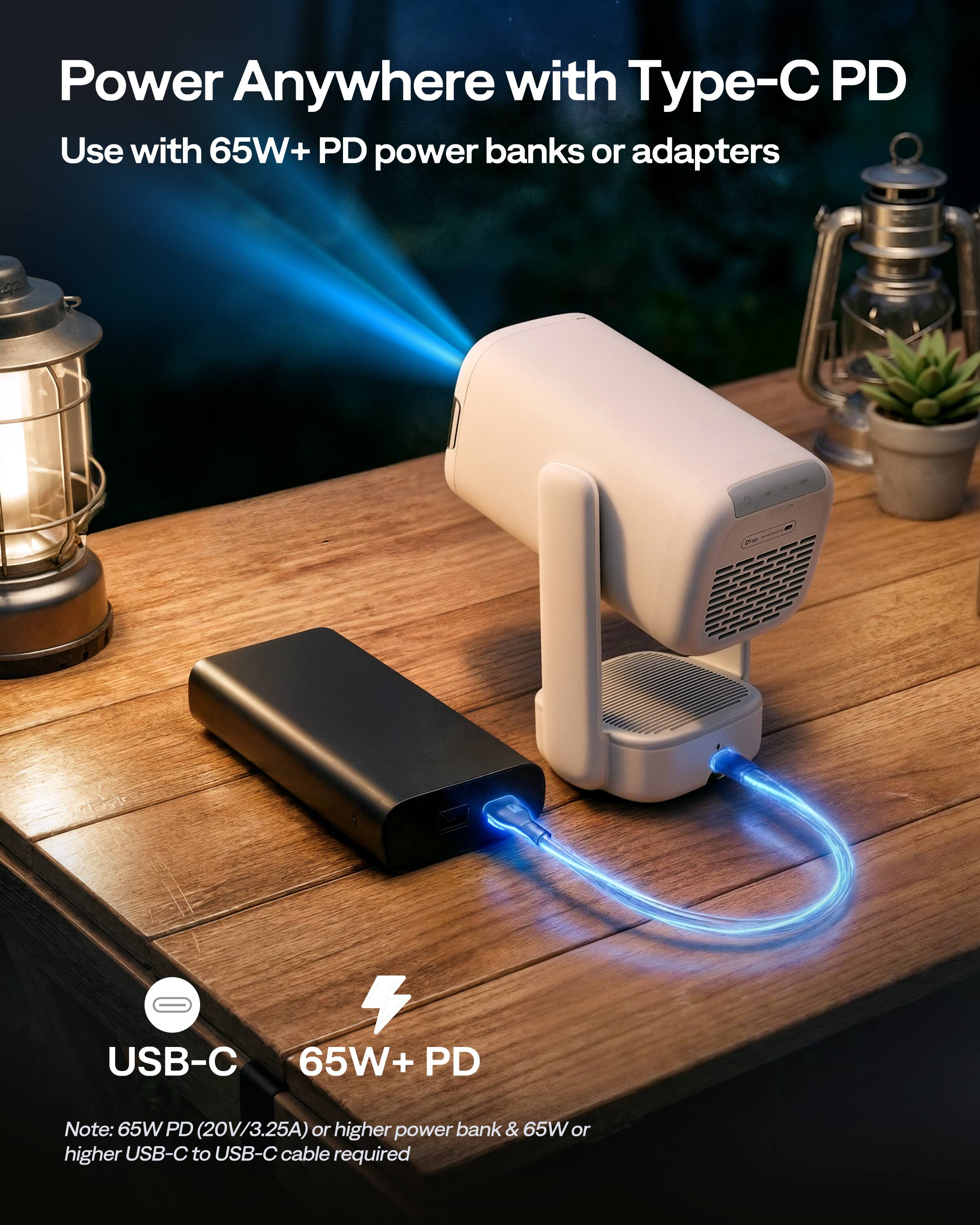 Power Anywhere with Type-C PD  
Use with 65W+ PD power banks or adapters  

Note: 65W PD (20V/3.25A) or higher power bank & 65W or higher USB-C to USB-C cable required