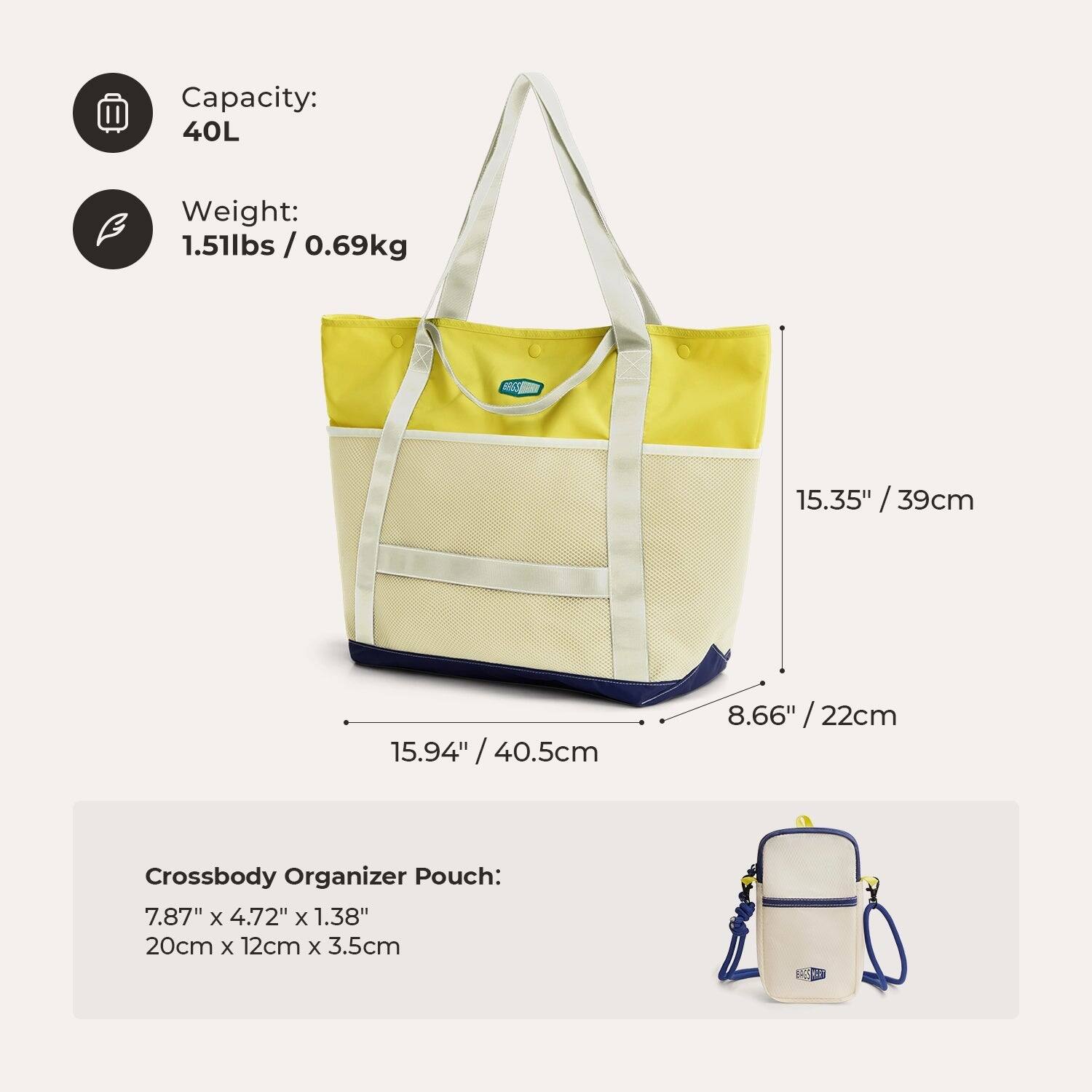 Capacity: 40L  
Weight: 1.51lbs / 0.69kg  
15.35" / 39cm  
15.94" / 40.5cm  
8.66" / 22cm  
Crossbody Organizer Pouch: 7.87" x 4.72" x 1.38" / 20cm x 12cm x 3.5cm  
2013