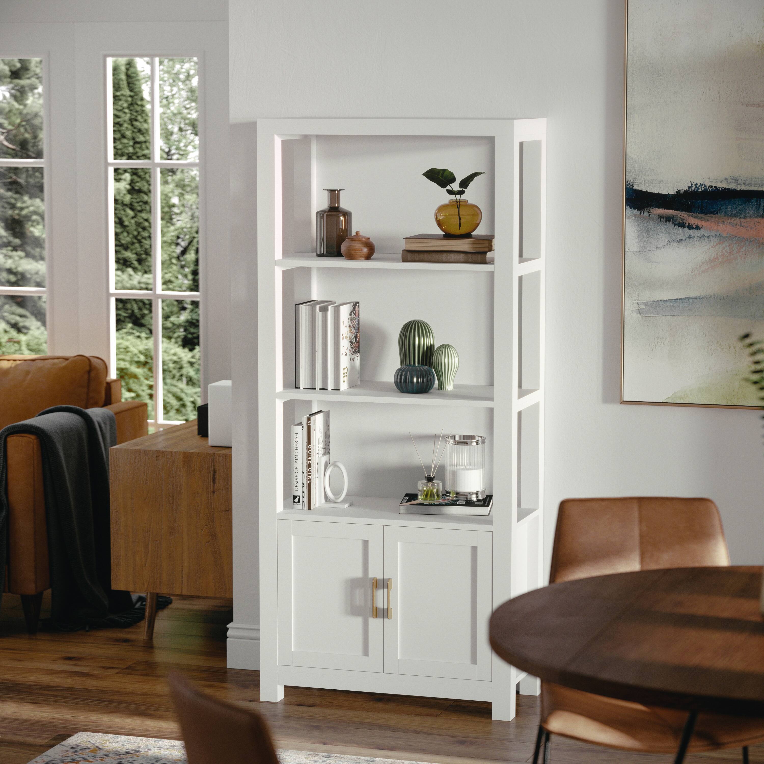 A bookshelf is in the corner of the room, filled with various items such as books, vases, and a potted plant. The shelf is white and has a variety of objects on it.