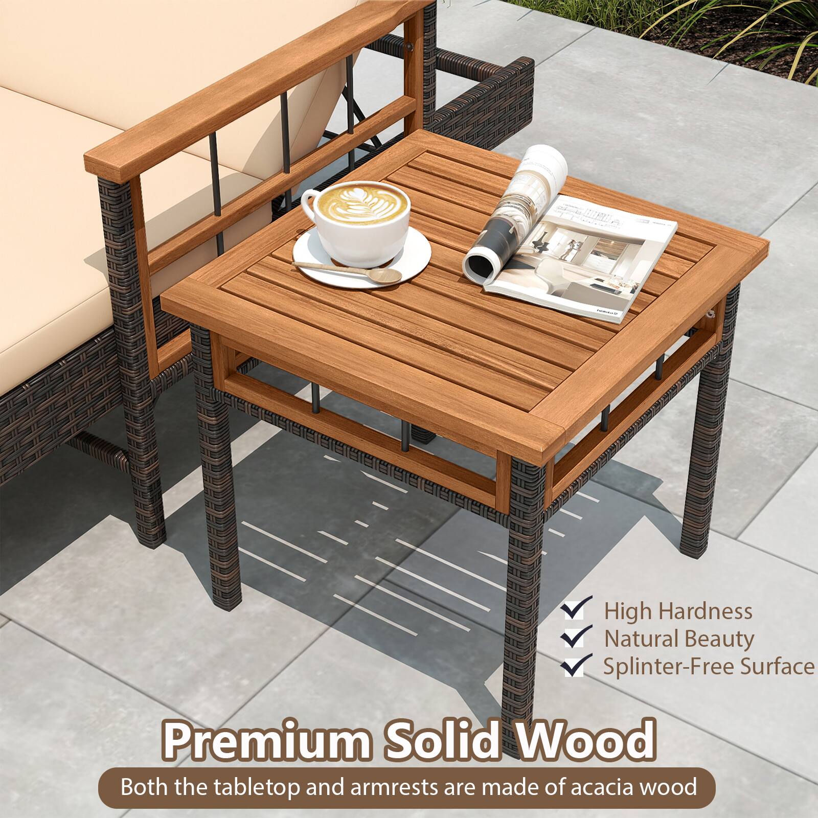High Hardness  
Natural Beauty  
Splinter-Free Surface  

Premium Solid Wood  
Both the tabletop and armrests are made of acacia wood