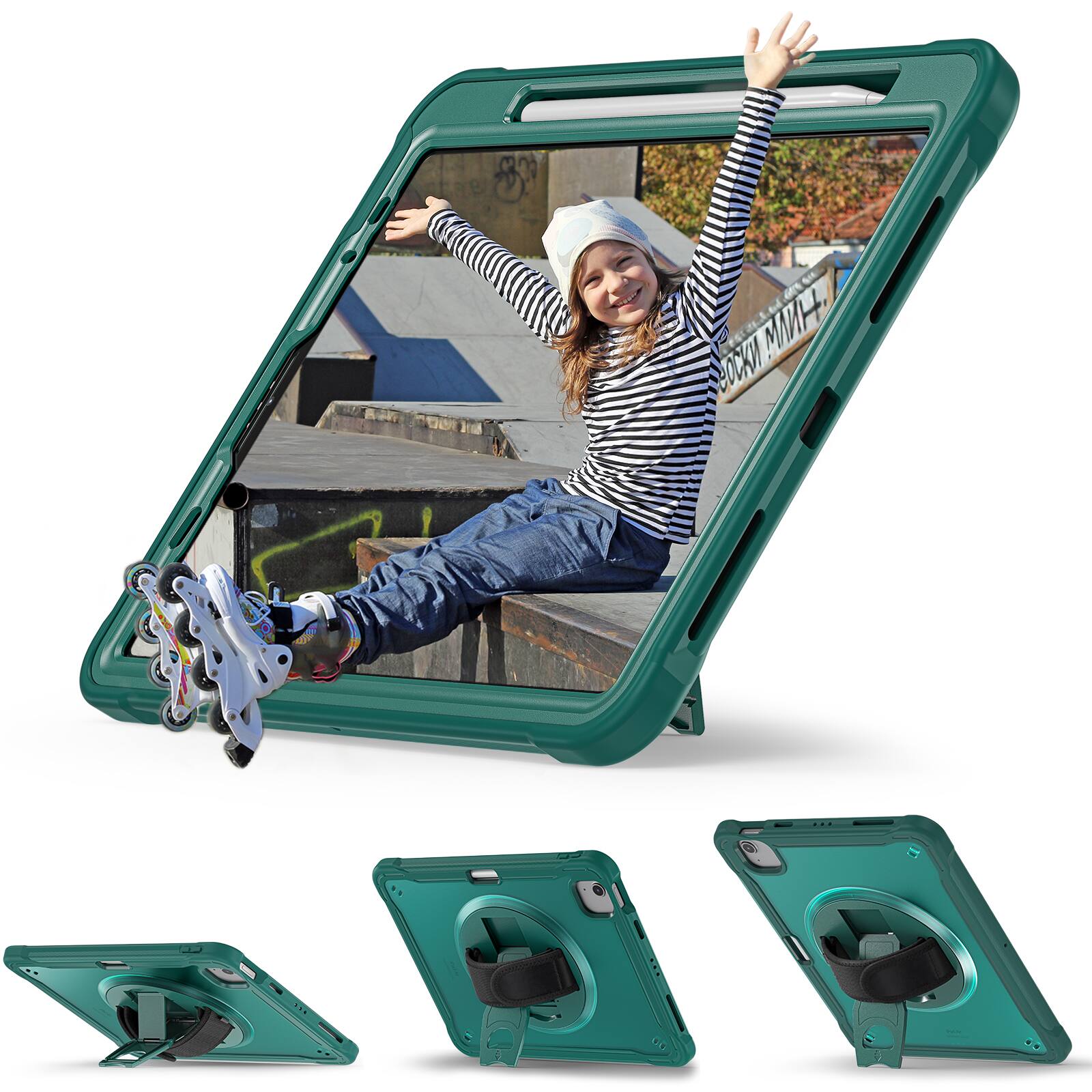 Alt View 4. Dteck - Rugged Case for iPad Air 11-inch M4(2026)/M3 (2025) /M2 Shockproof Handstrap Foldable Kickstand Cover+Crossbody Strap - Darkgreen.