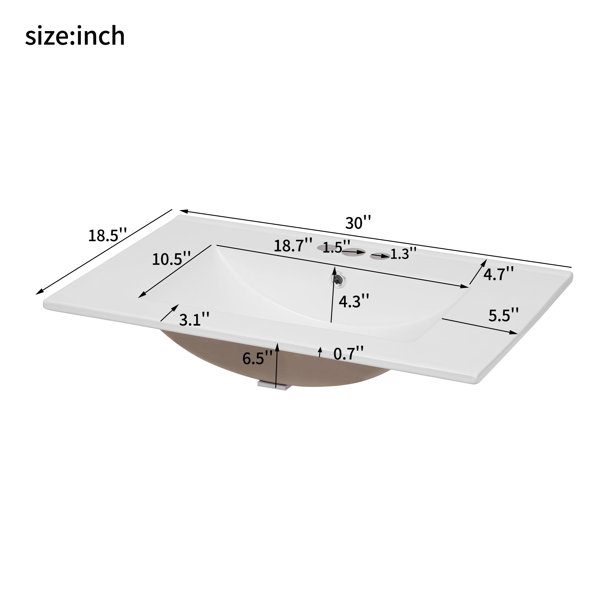 size:inch  
18.5" 10.5" 3.1" 30" 18.7" 1.5" 4.3" 1.3" 4.7" 5.5" 6.5" 0.7"