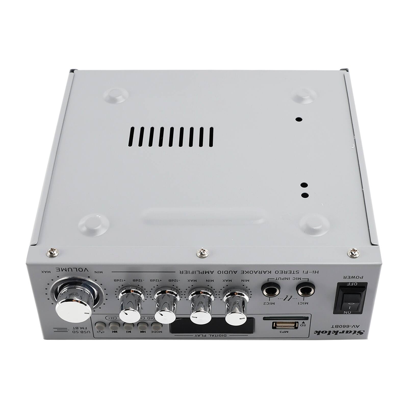 VOLUME MAX NIH  
AMPLIFIER AUDIO KARAOKE STEREO Hi-F  
INPUT MIC 2 MAX N MAX MIN  
POWER OFF  
MU.OU  
REO  
INEL SDIM  
MIC 1  
NO FM.BT  

1. - IJURE PLAY IVARILI  
Lan Od TOODD-VA Starklok