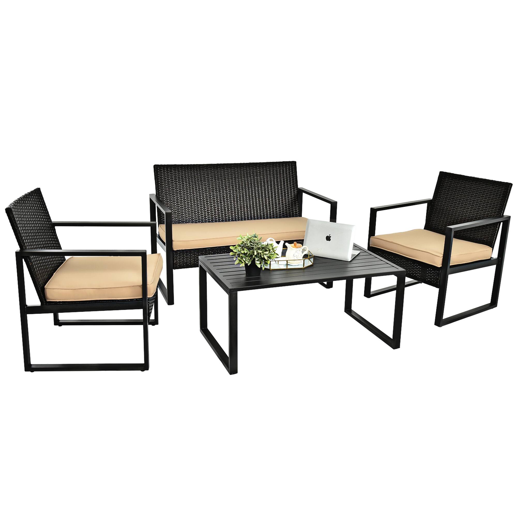 Alt View 1. Gymax - Gymax 4PCS Outdoor Wicker Rattan Furniture Set Patio Conversation Set w/ Cushions - Beige.