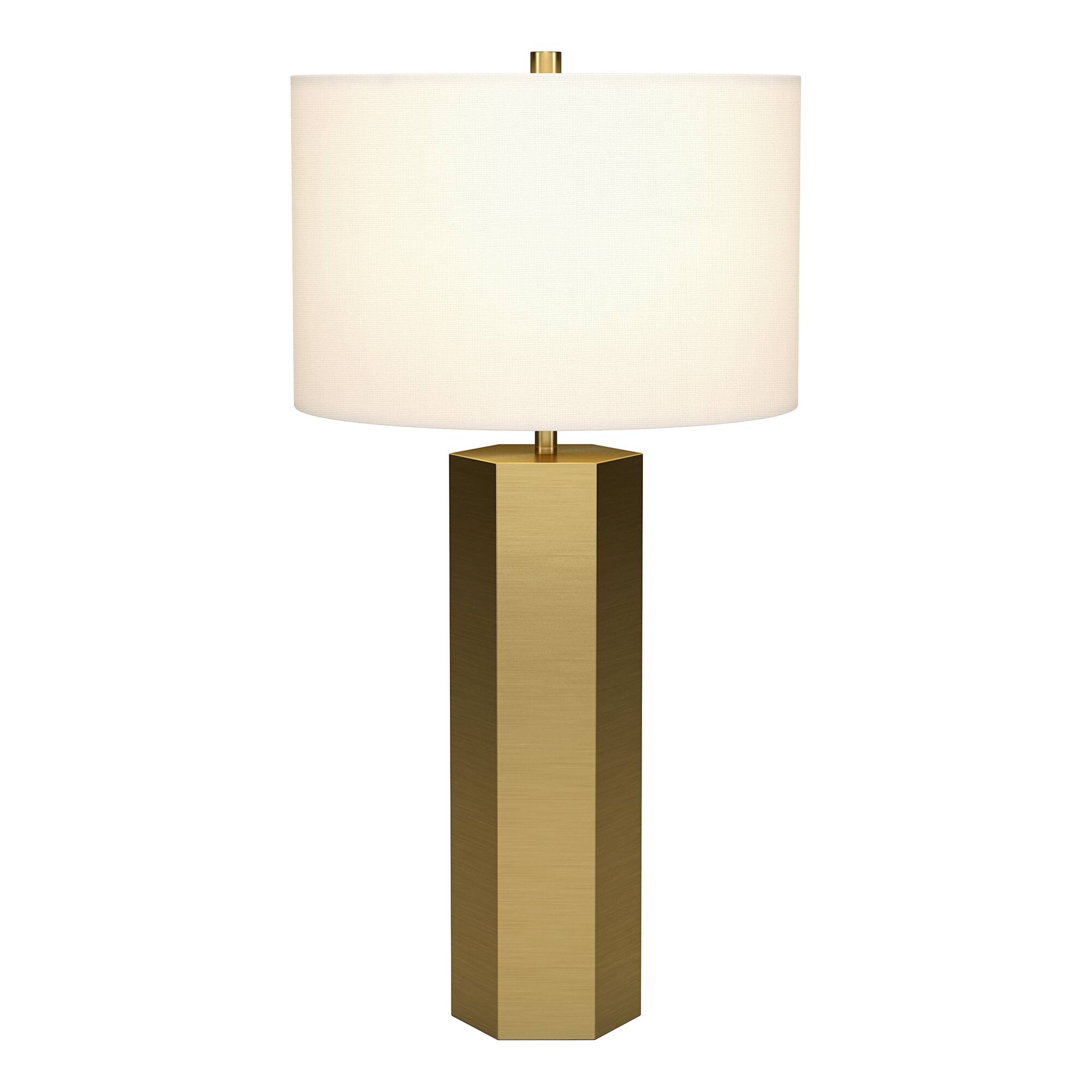 Angle. Hudson&Canal - Warren 27.25" Tall Table Lamp with Fabric Shade in Brass/White.