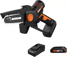 The image features a black and orange electric tool, likely a drill or a saw, with a blade attached to it. The tool is designed by IWORX and is powered by a 20V battery. The tool is displayed in a white background, and there is a 20V POW-R 2.0Ah battery pack nearby. The image also shows a 20V POW-R 2.0Ah battery pack, which is used to power the electric tool.
