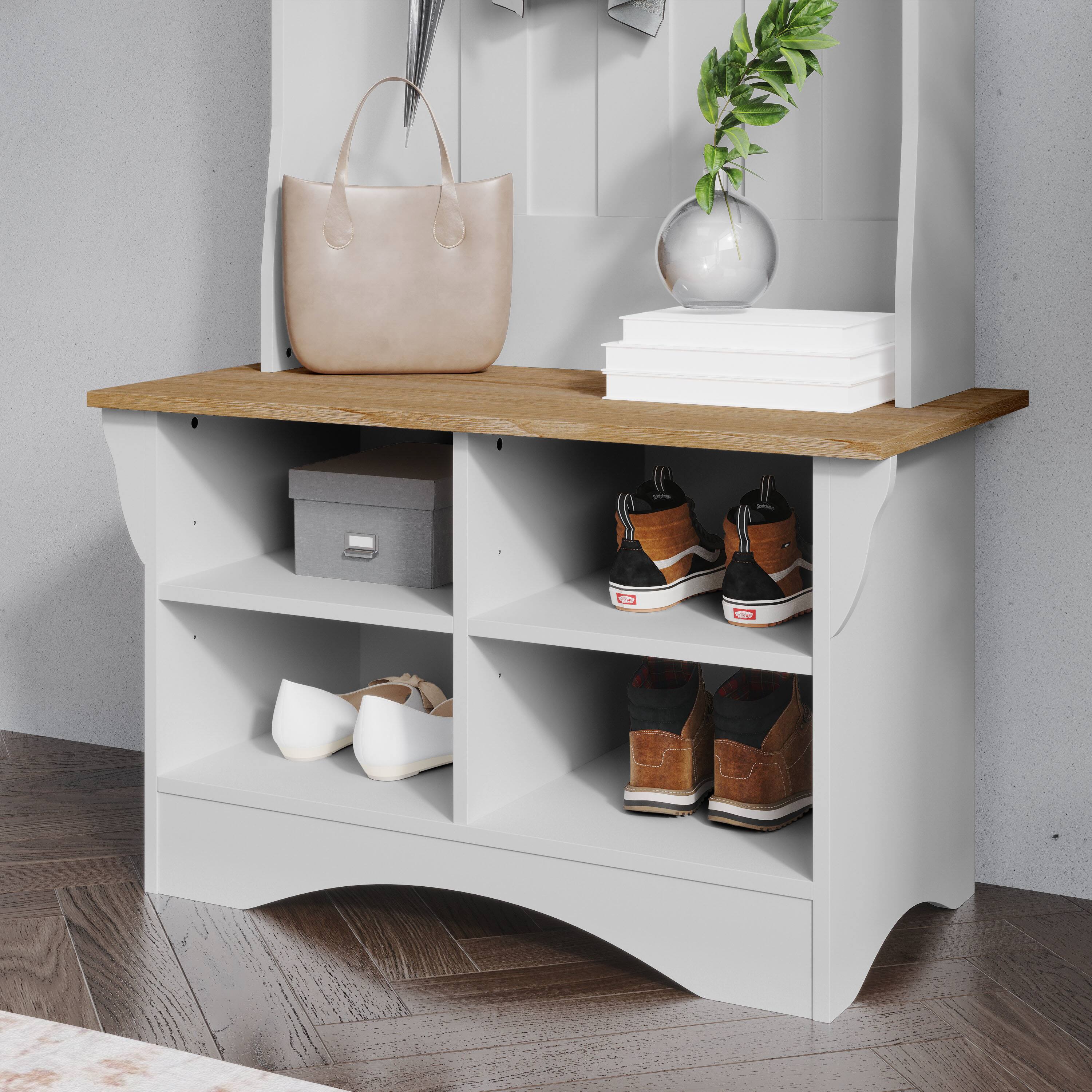 Alt View 3. Emma + Oliver - Paula Hallway Tree with Bench, Coat Hooks, and Lower Storage Compartments with Adjustable Shelves - Weathered Natural Seat/Warm White Frame.
