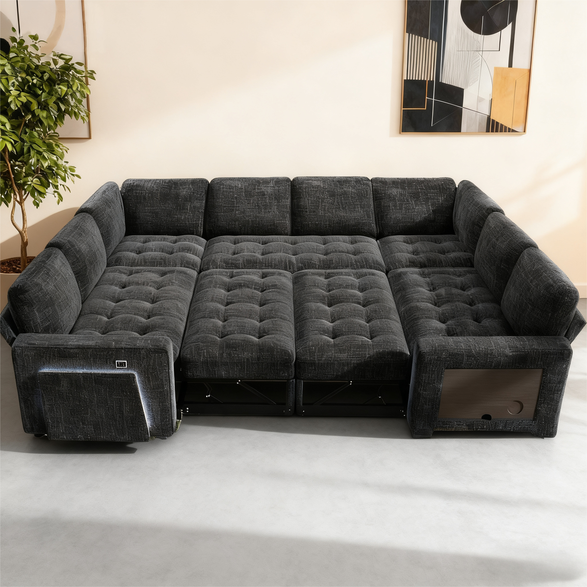 Front. Vipbear - Vipbear 102 in large U-shaped sofa, with side pockets and a small table board, can be stored and assembled without tools - Black.