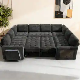 Vipbear - 102 in large U-shaped sofa, with side pockets and a small table board, can be stored and assembled without tools - Black
