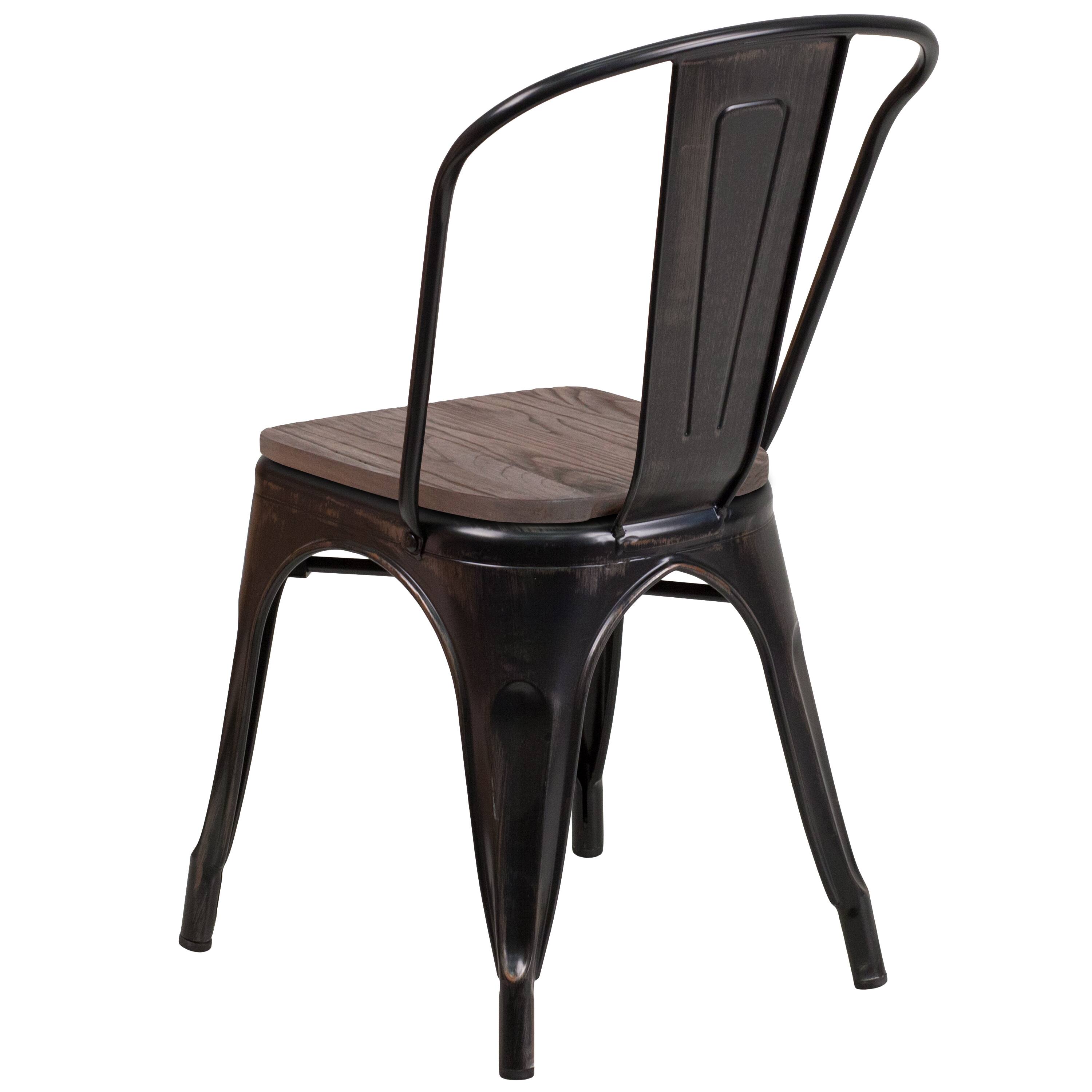 Alt View 5. Emma + Oliver - Colorful Metal Stackable Dining Chair with Wood Seat - Black-Antique Gold.