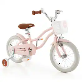 Costway - 14" Kid's Bike with Removable Training Wheels & Basket for 3-5 Years Old - Pink
