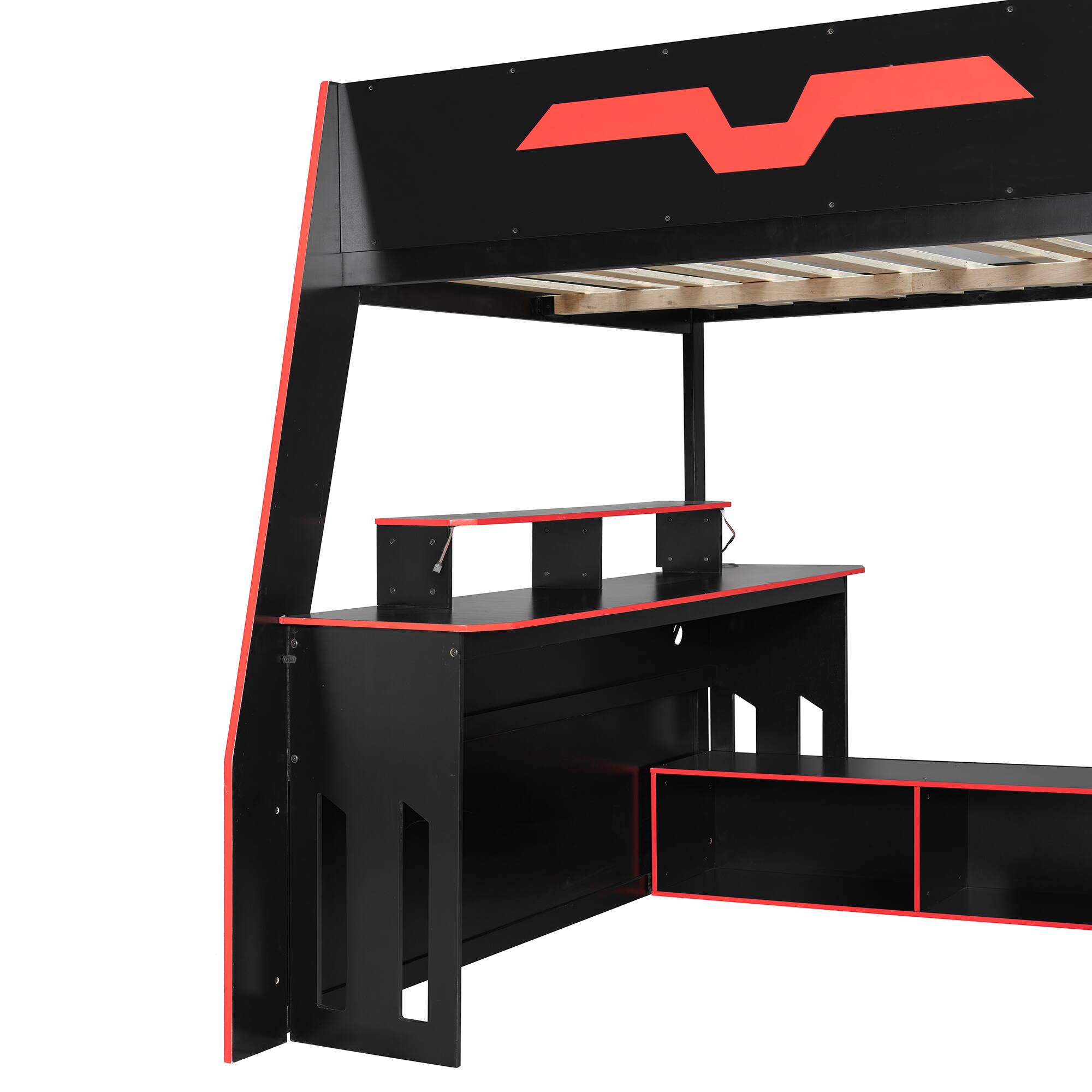 Alt View 5. Anysun - Full Size Wood Loft Bed with Desk, Multi-storage Shelves and RGB Light, Table with adjustable placement - Red.