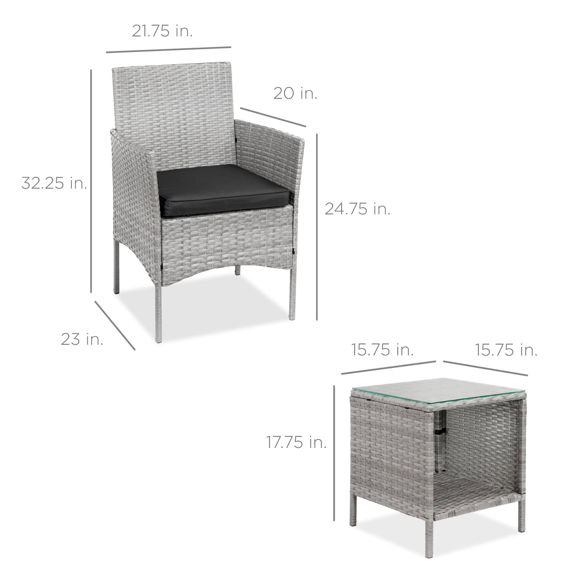 - Chair:
  - Height: 32.25 in.
  - Width: 21.75 in.
  - Depth: 24.75 in.
  - Seat Height: 17.75 in.
  - Seat Depth: 20 in.

- Table:
  - Height: 23 in.
  - Width: 15.75 in.
  - Depth: 15.75 in.