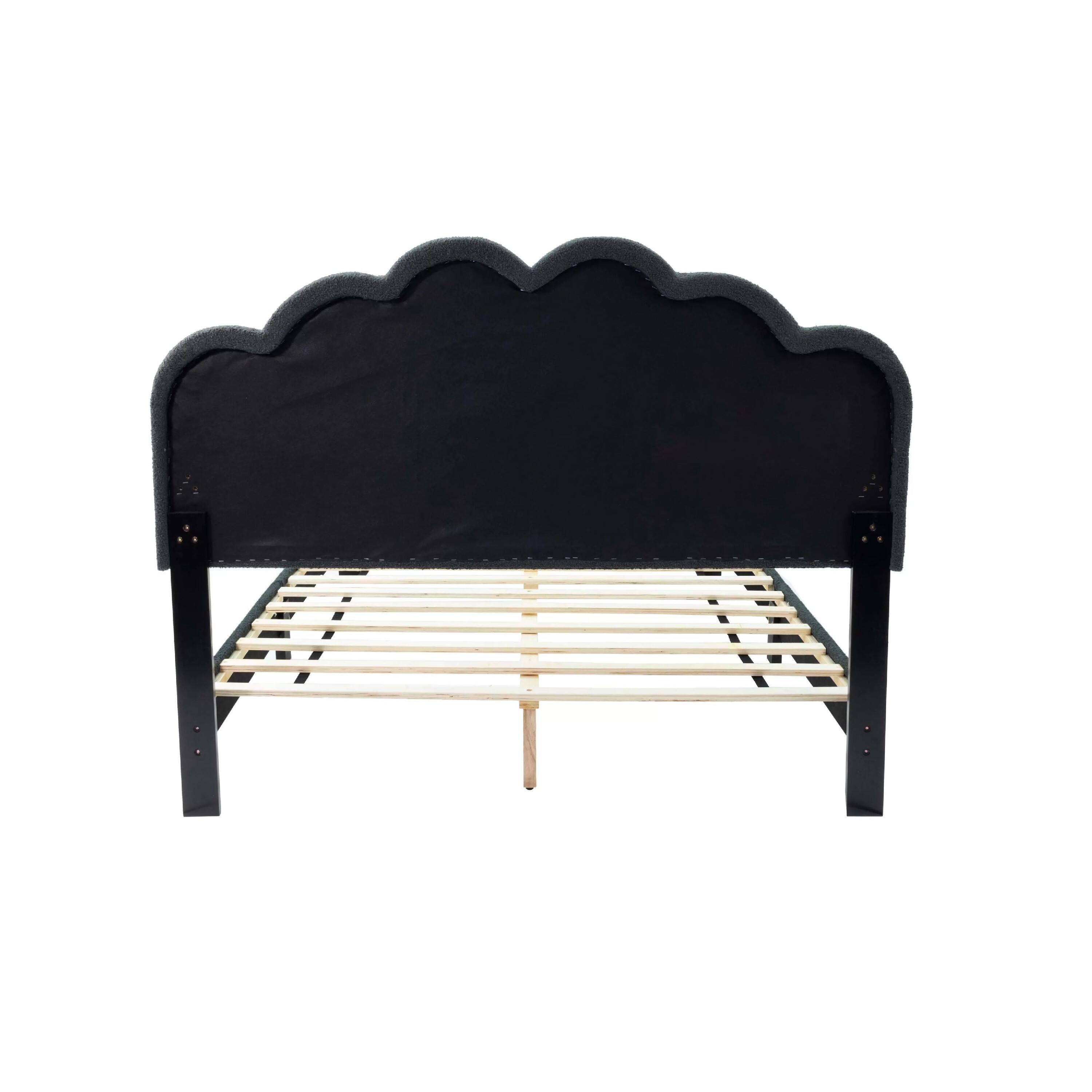 Left. Manhattan Lane - Madsy Full Bed, Gray Upholstered Fan-Shaped Headboard, Metallic Accents - Charcoal Gray, Black.