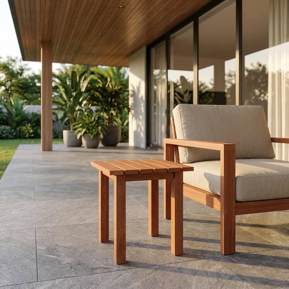 Angle. Outdoor Escape - Teak Oil Outdoor Patio End Table In Finish For Garden - Natural.