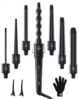 DORLUKFU - 7 in 1 Curling Wand Set: Curling Iron Wand 7Pcs 0.35 to 1.25 Inch Interchangeable Ceramic Barrel Heat Protective Glove 2