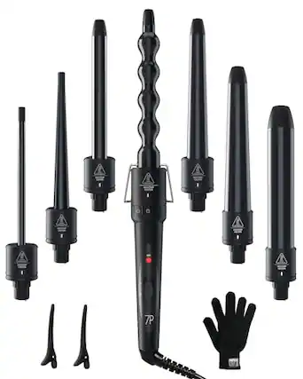 Front. DORLUKFU - 7 in 1 Curling Wand Set: Curling Iron Wand 7Pcs 0.35 to 1.25 Inch Interchangeable Ceramic Barrel Heat Protective Glove 2.