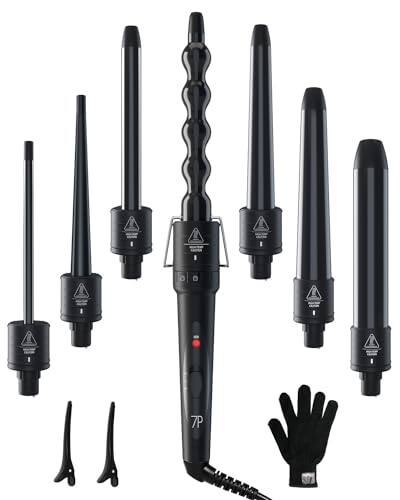 Front. DORLUKFU - 7 in 1 Curling Wand Set: Curling Iron Wand 7Pcs 0.35 to 1.25 Inch Interchangeable Ceramic Barrel Heat Protective Glove 2.