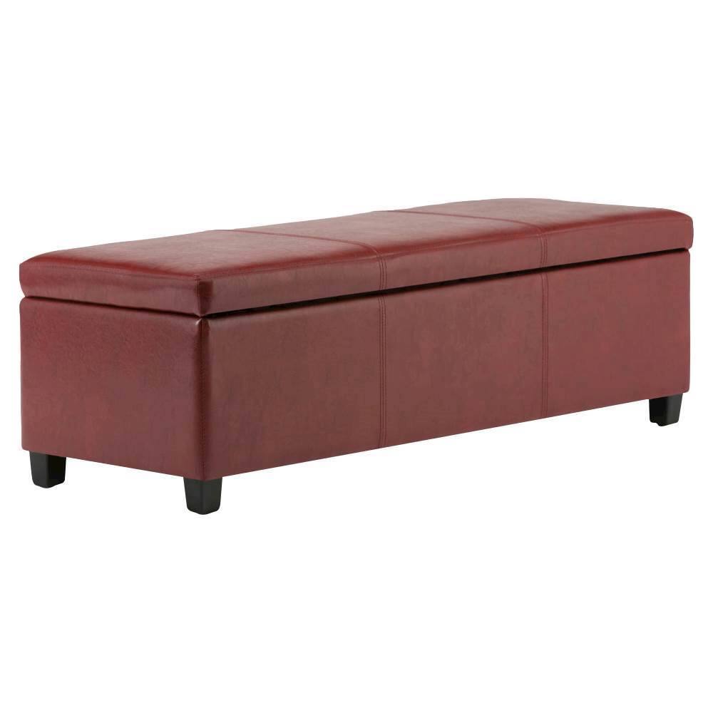 Angle. Simpli Home - Avalon Rectangular Polyurethane Faux Leather Ottoman With Inner Storage - Red.
