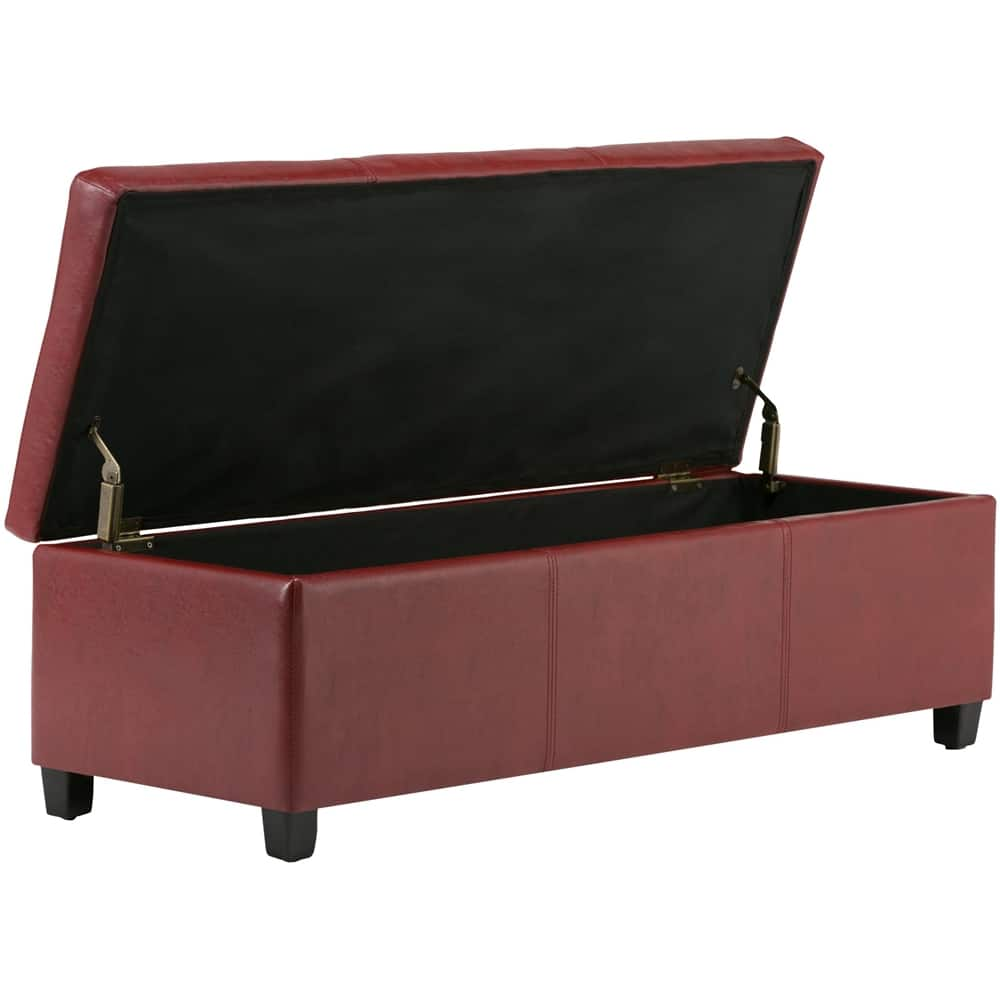 Left View: Simpli Home - Avalon Rectangular Polyurethane Faux Leather Ottoman With Inner Storage - Red