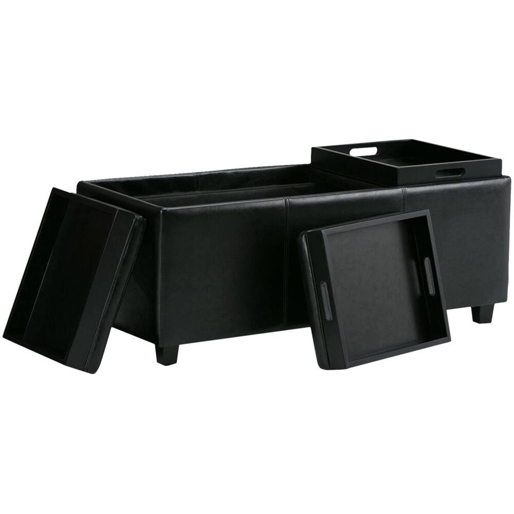 Left. Simpli Home - Avalon Rectangular Wood/Polyurethane Faux Leather Ottoman With Inner Storage - Black.