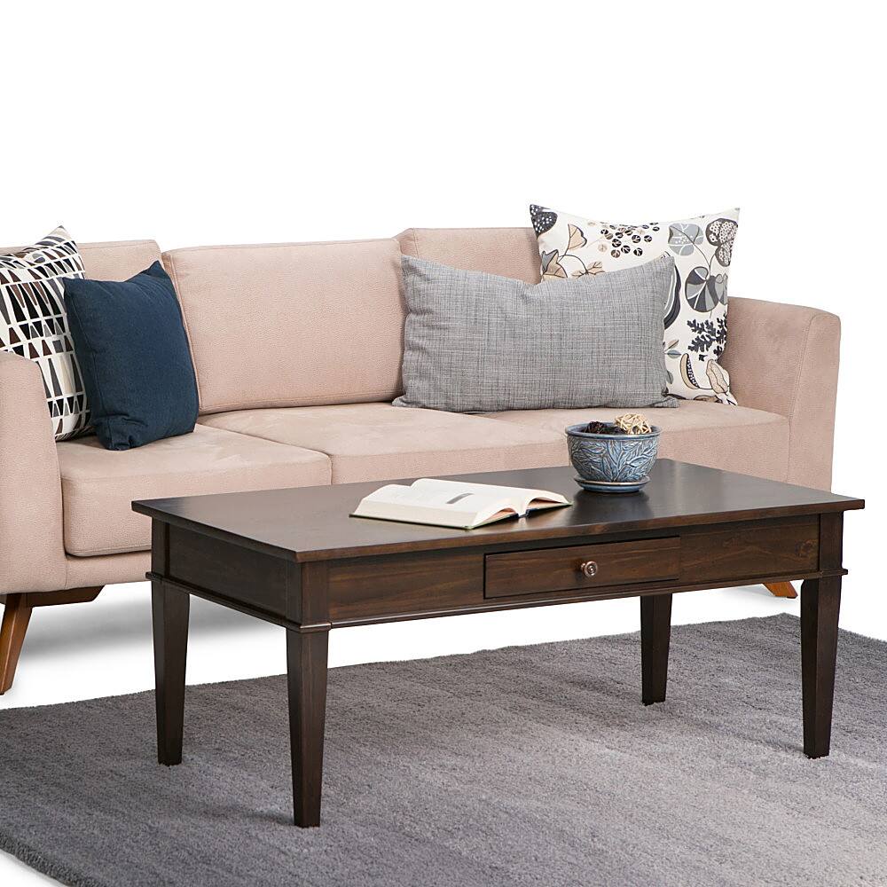 Left. Simpli Home - Carlton Rectangular Solid Pine 1-Drawer Coffee Table - Brown.