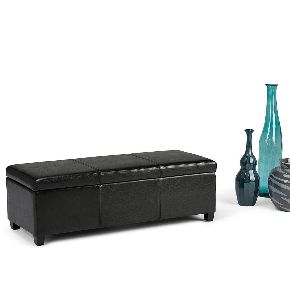 Left. Simpli Home - Avalon Rectangular Polyurethane Faux Leather Ottoman With Inner Storage - Midnight Black.