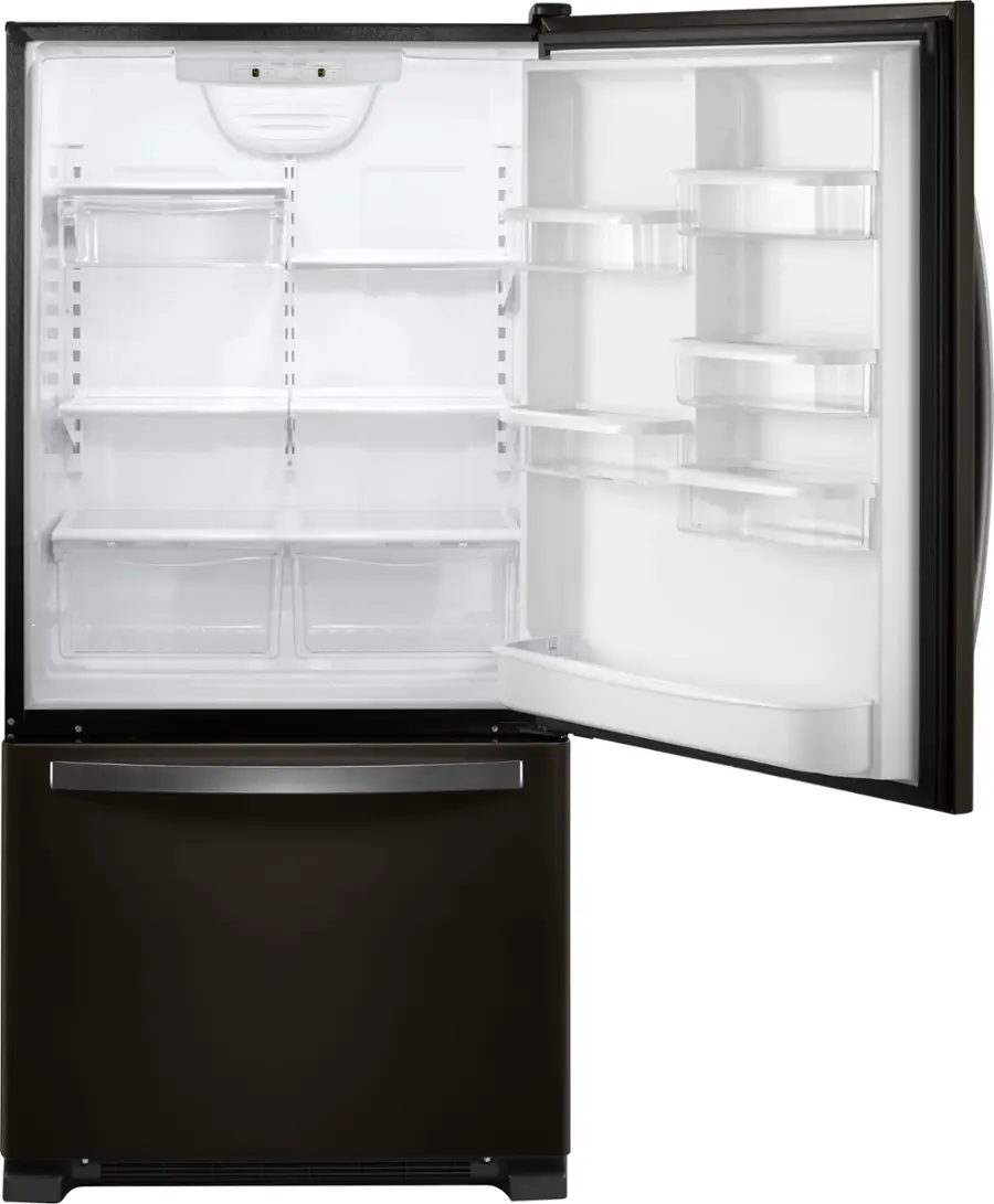 The image shows a refrigerator with its door open, revealing a variety of food items inside. The refrigerator is filled with several bottles, some of which are placed in the door compartments. There are also multiple sandwiches stored in the refrigerator, with one located in the middle and another towards the right side. The refrigerator is well-stocked, indicating that it is being used to store a variety of food items for daily consumption.