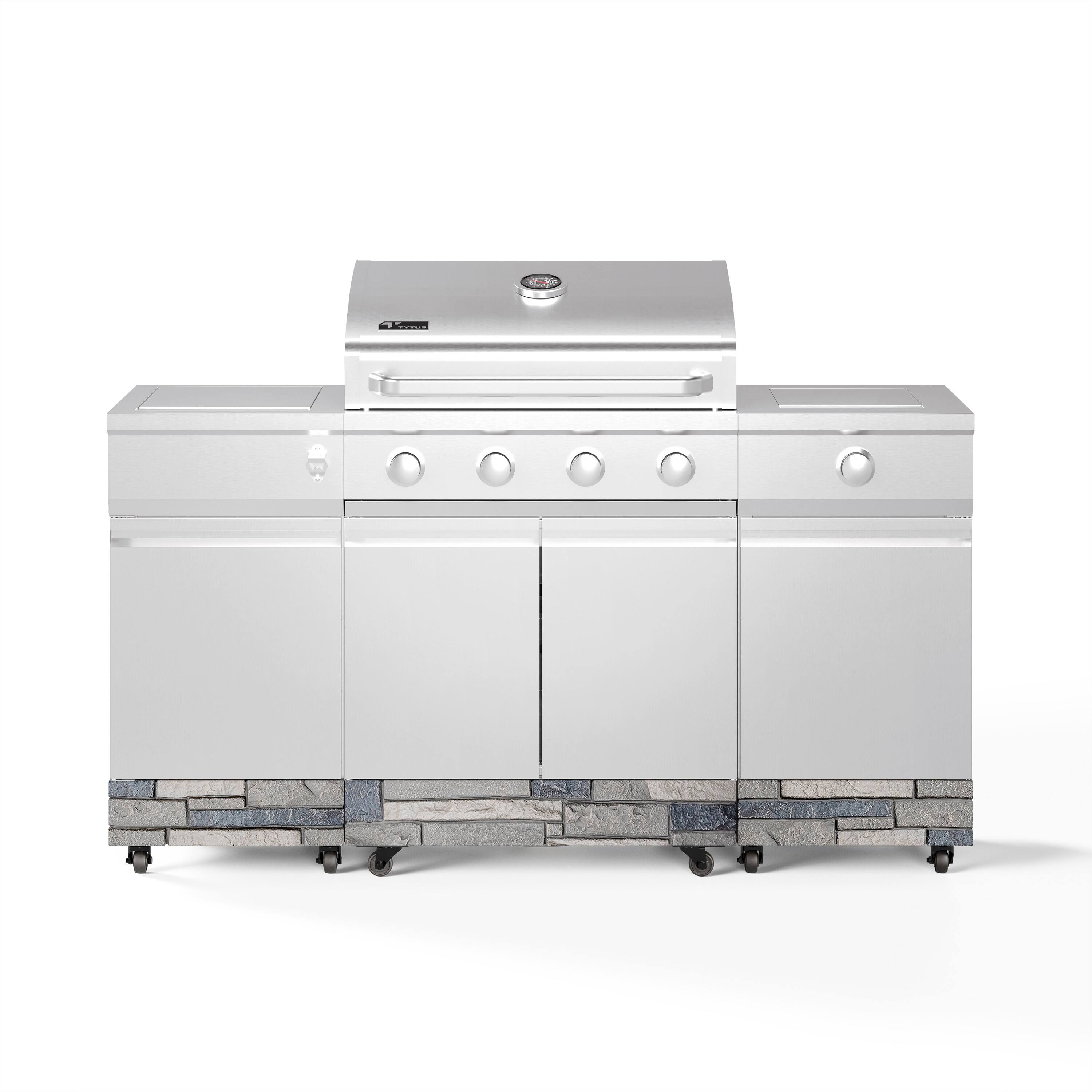 Angle. TYTUS Grills - Fresno 5-Burner LP/NG Convertible Grill in Stainless Steel + Shadow Stone - Silver.