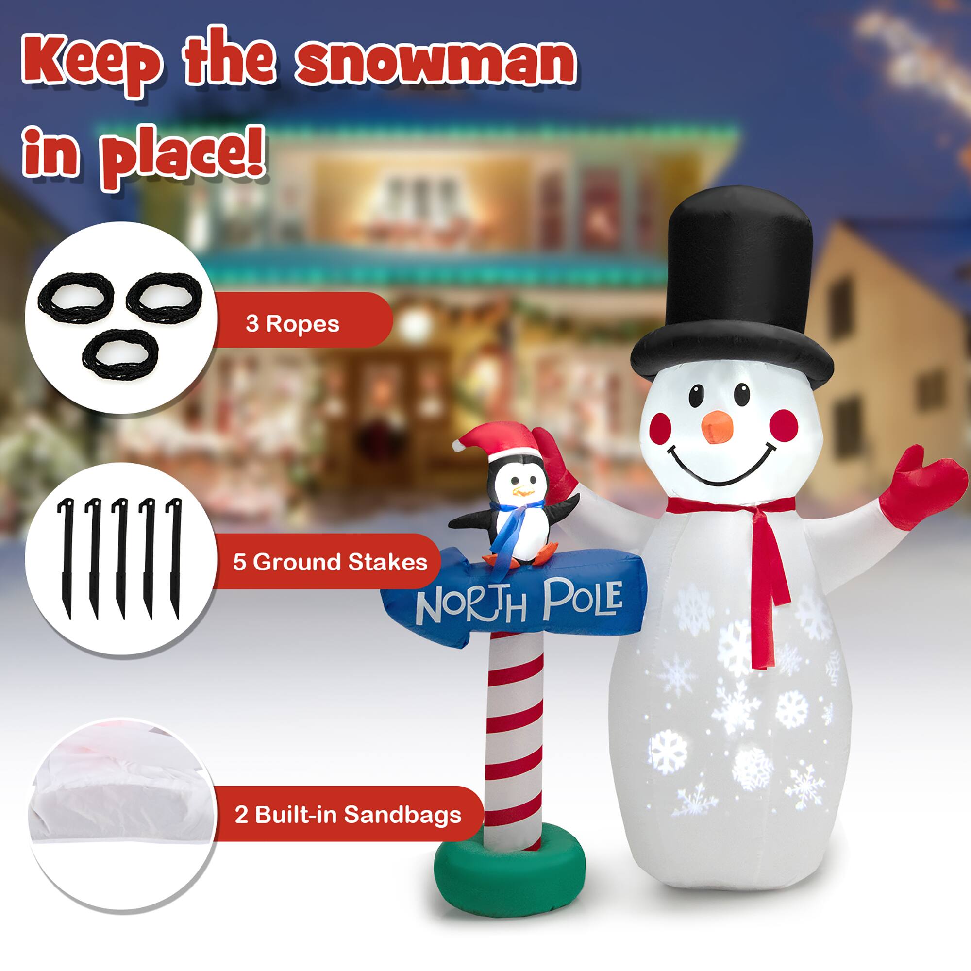 Keep the snowman in place! 3 Ropes 5 Ground Stakes NORTH POLE 2 Built-in Sandbags