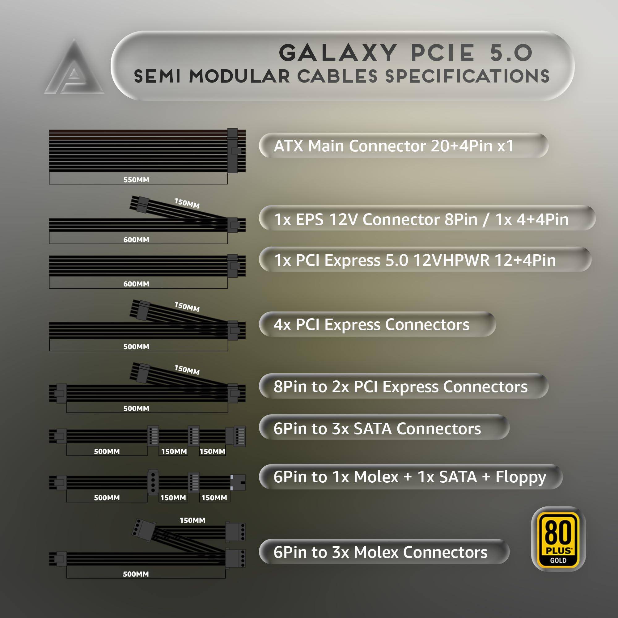 **GALAXY PCIe 5.0 Semi Modular Cables Specifications**

- **ATX Main Connector**: 20+4Pin x1
  - Length: 550MM, 600MM, 150MM

- **EPS 12V Connector**: 8Pin / 1x 4+4Pin

- **PCI Express 5.0 12VHPWR**: 12+4Pin
  - Length: 600MM, 500MM, 150MM

- **PCI Express Connectors**: 4x
  - Length: 500MM, 150MM

- **8Pin to 2x PCI Express Connectors**

- **6Pin to 3x SATA Connectors**
  - Length: 500MM, 150MM, 150MM, 500MM, 150MM, 150MM

- **6Pin to 1x Molex + 1x SATA + Floppy**
  - Length: 150MM

- **6Pin to 3x Molex Connectors**
