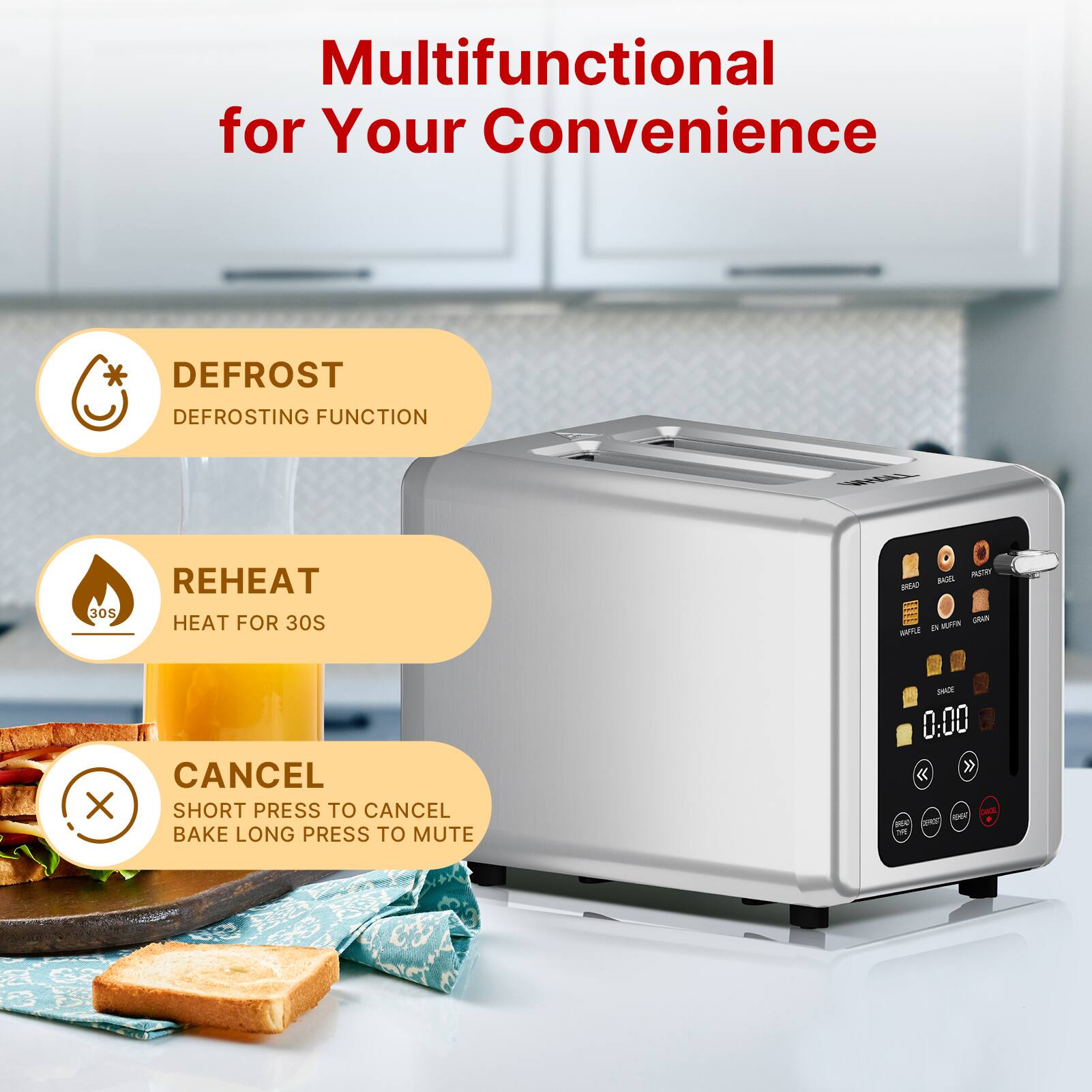 Multifunctional for Your Convenience

DEFROST  
DEFROSTING FUNCTION

REHEAT  
HEAT FOR 30S

CANCEL  
SHORT PRESS TO CANCEL  
BAKE LONG PRESS TO MUTE