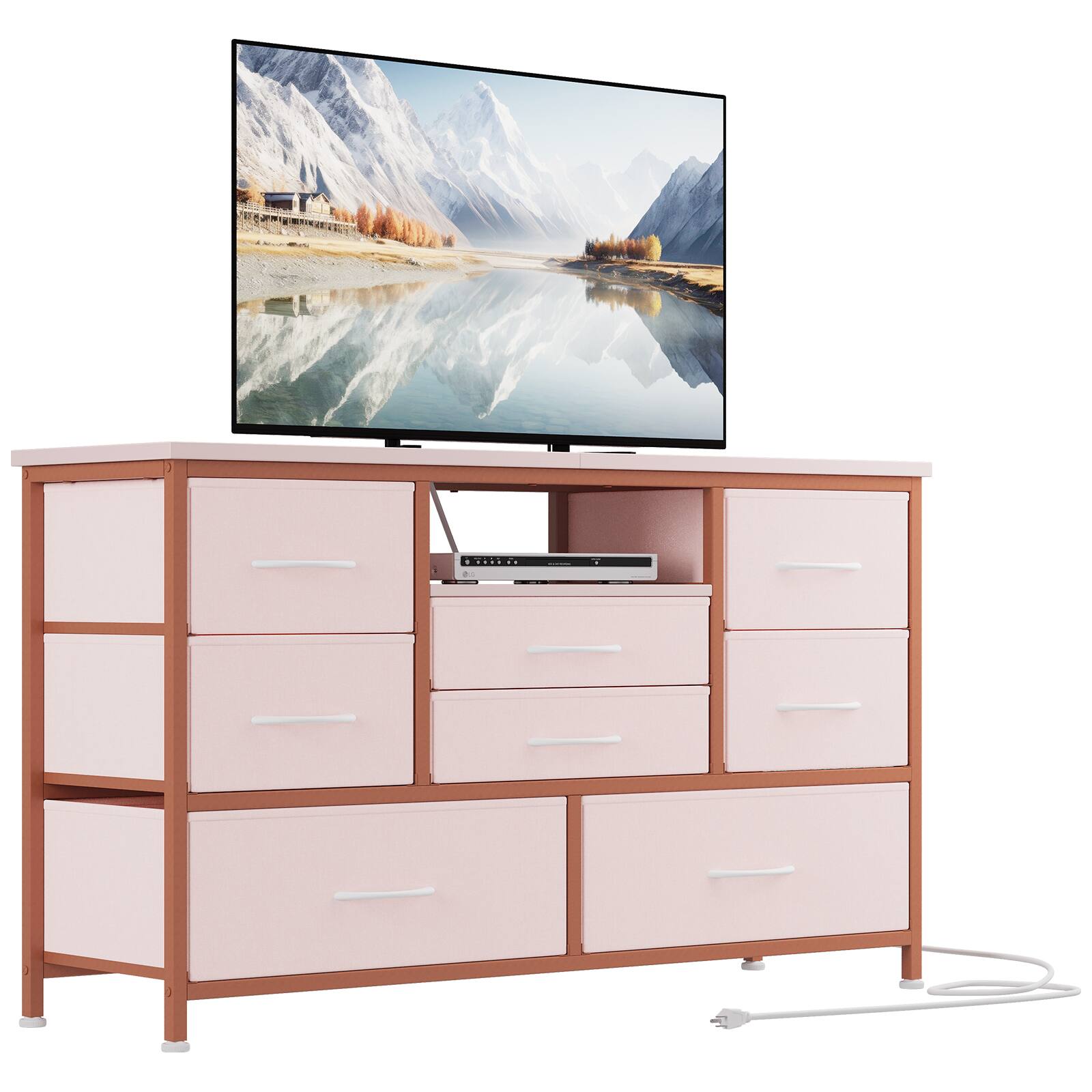 GARVEE - TV Stand for Bedroom, Rustic LED Dresser with 8 Drawer and Power Outlet for 55'' TV, Wood Top Console Table, Open Shelf - Pink