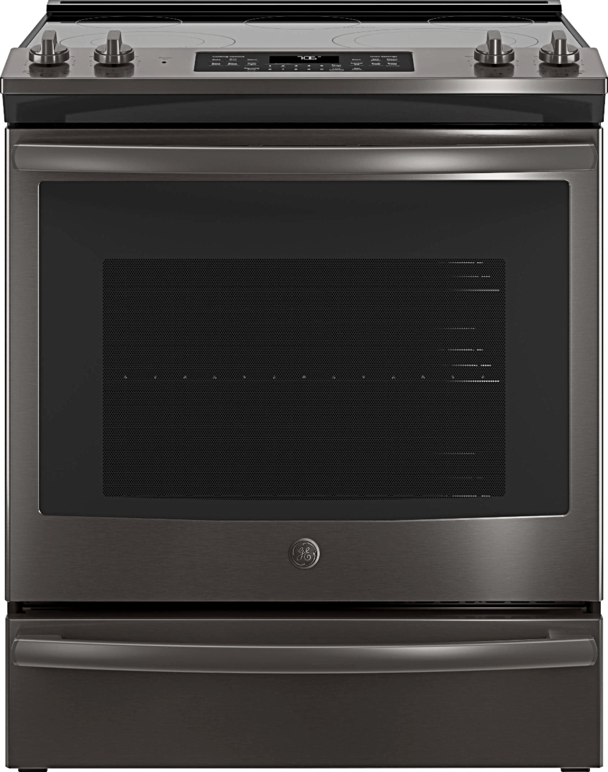 GE – 5.3 Cu. Ft. Slide-In Electric Convection Range – Black stainless steel